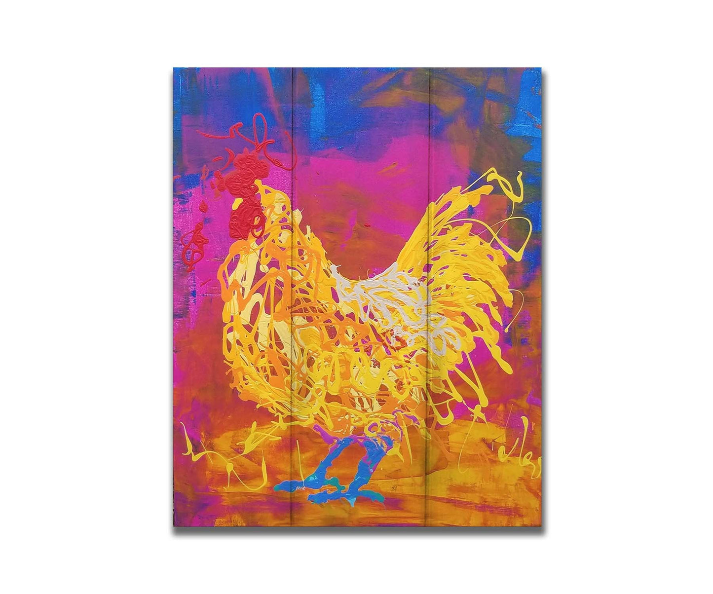 A drip painting of a vibrant yellow chicken on a pink and blue background. Printed on a box board.