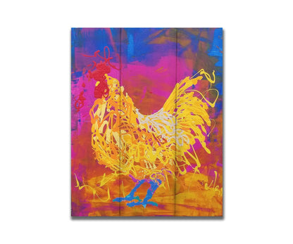 A drip painting of a vibrant yellow chicken on a pink and blue background. Printed on a box board.