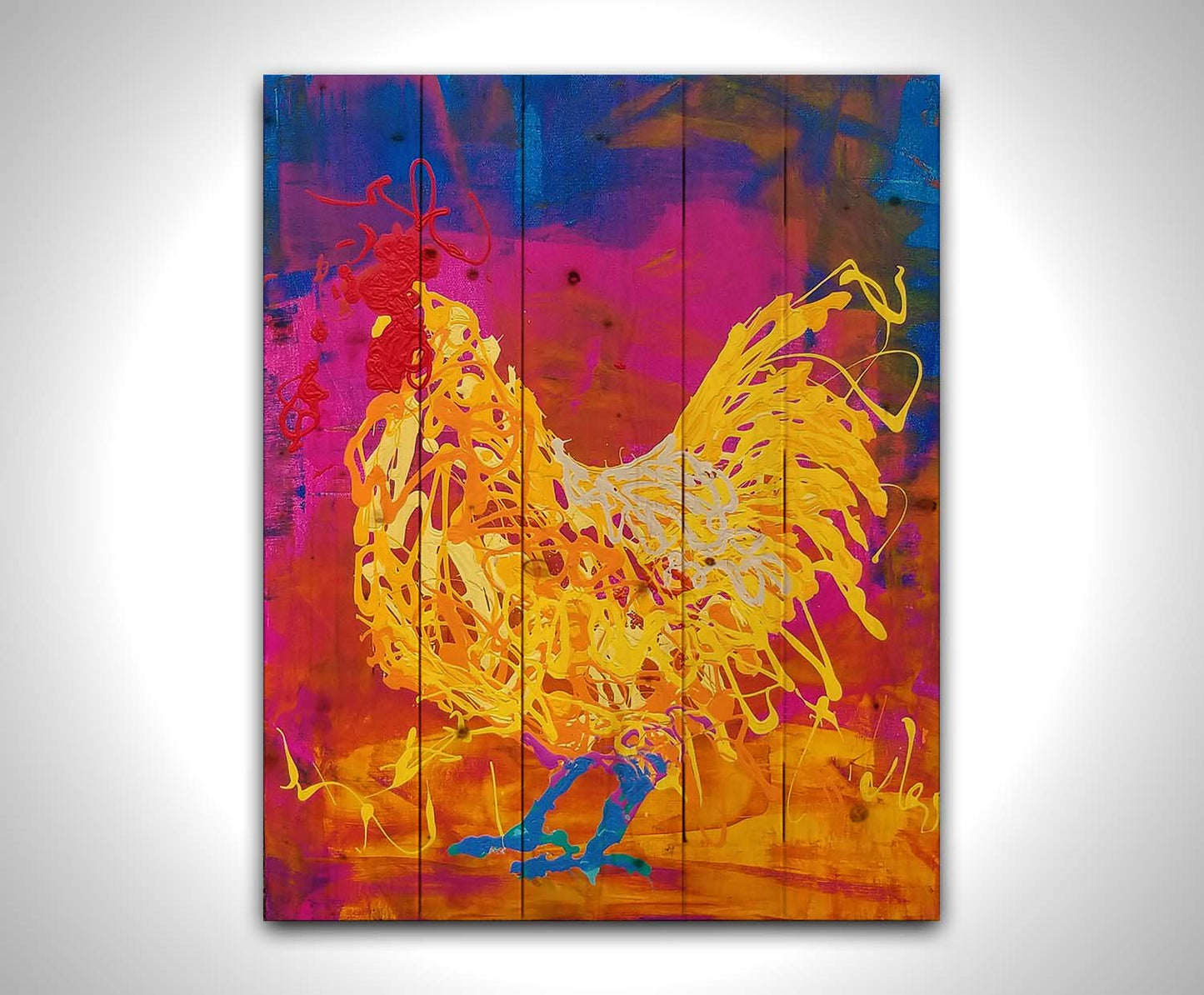 A drip painting of a vibrant yellow chicken on a pink and blue background. Printed on a wood pallet.