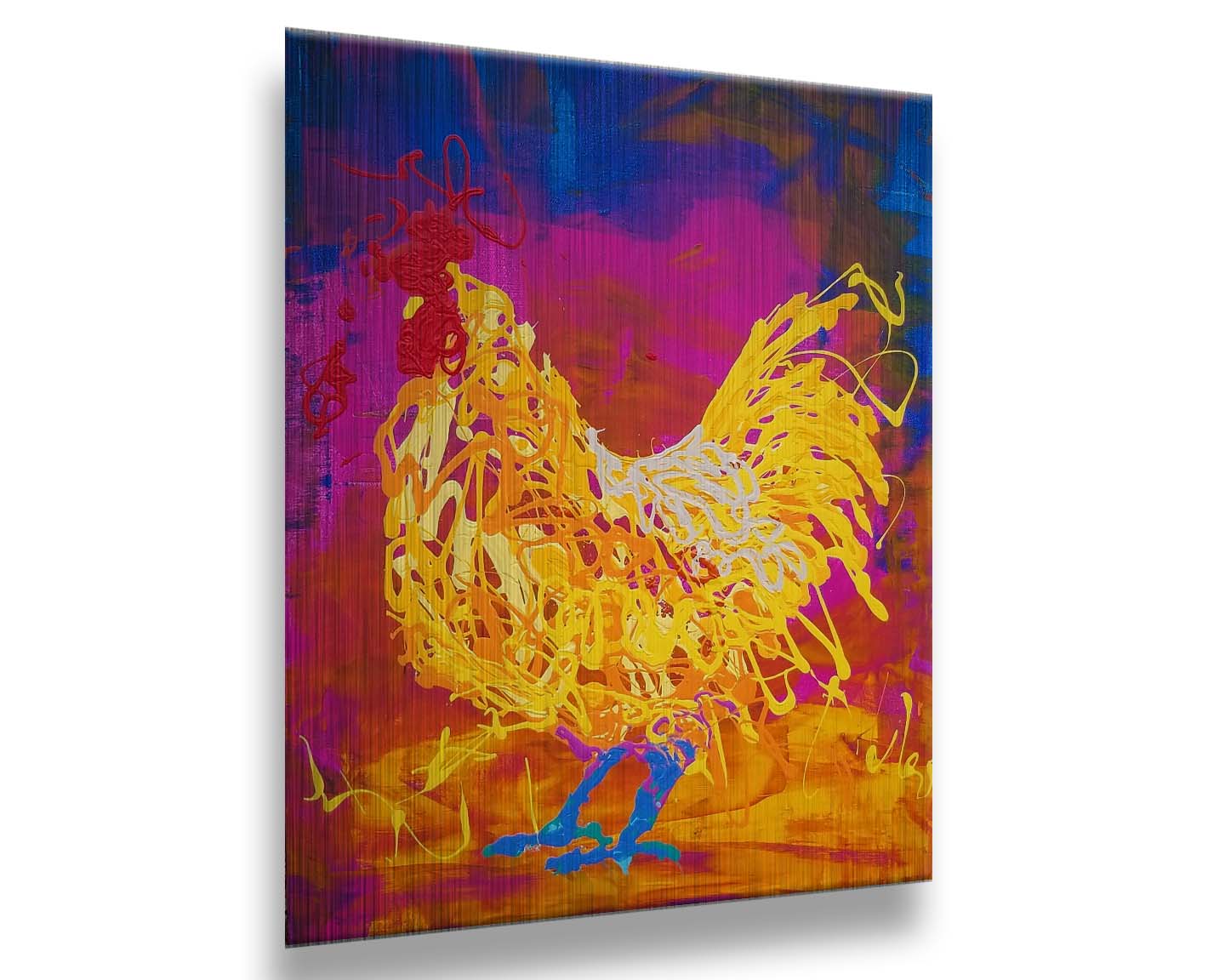 A drip painting of a vibrant yellow chicken on a pink and blue background. Printed on metal.