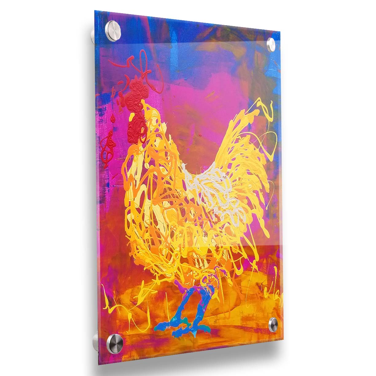 A drip painting of a vibrant yellow chicken on a pink and blue background. Printed on acrylic.