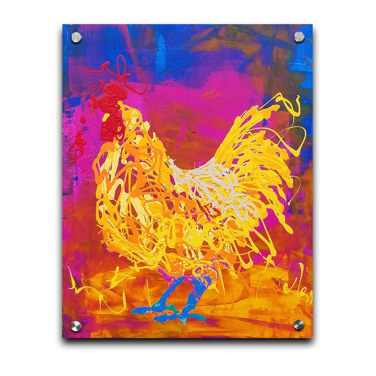 A drip painting of a vibrant yellow chicken on a pink and blue background. Printed on acrylic.