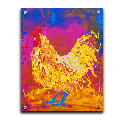 A drip painting of a vibrant yellow chicken on a pink and blue background. Printed on acrylic.