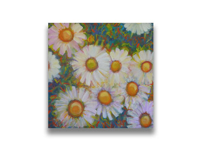 A painting of an arrangement of daisies from above, with an abstracted colorful background in blues, red, and greens. Printed on canvas.