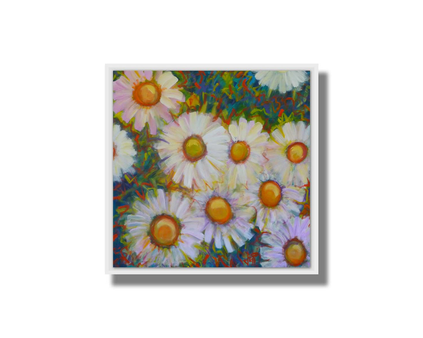 A painting of an arrangement of daisies from above, with an abstracted colorful background in blues, red, and greens. Printed on canvas in a float frame.