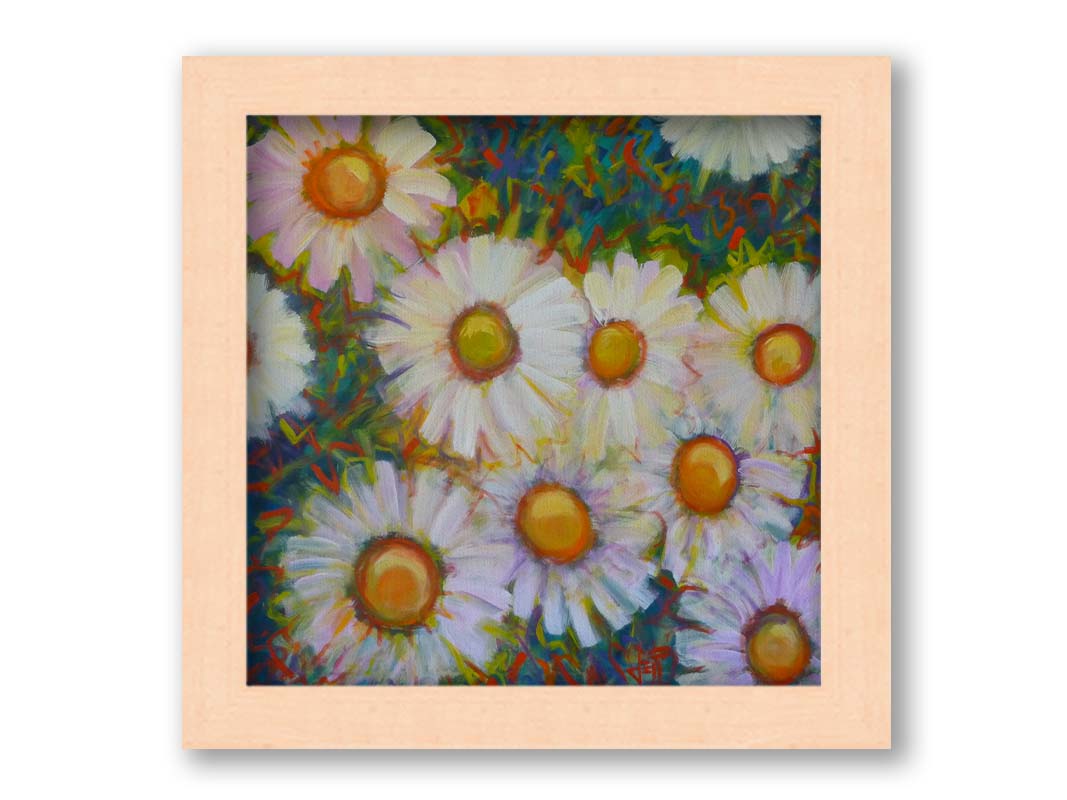 A painting of an arrangement of daisies from above, with an abstracted colorful background in blues, red, and greens. Printed on canvas and framed.