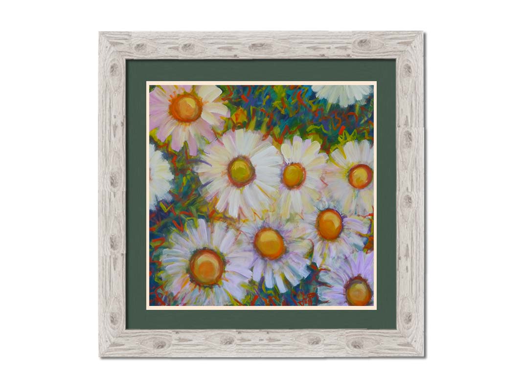 A painting of an arrangement of daisies from above, with an abstracted colorful background in blues, red, and greens. Printed on paper, matted, and framed.