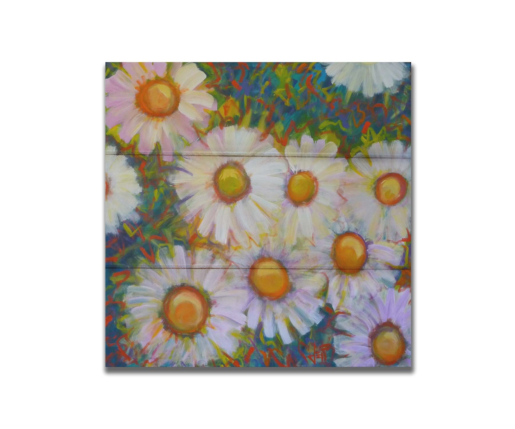 A painting of an arrangement of daisies from above, with an abstracted colorful background in blues, red, and greens. Printed on a box board.