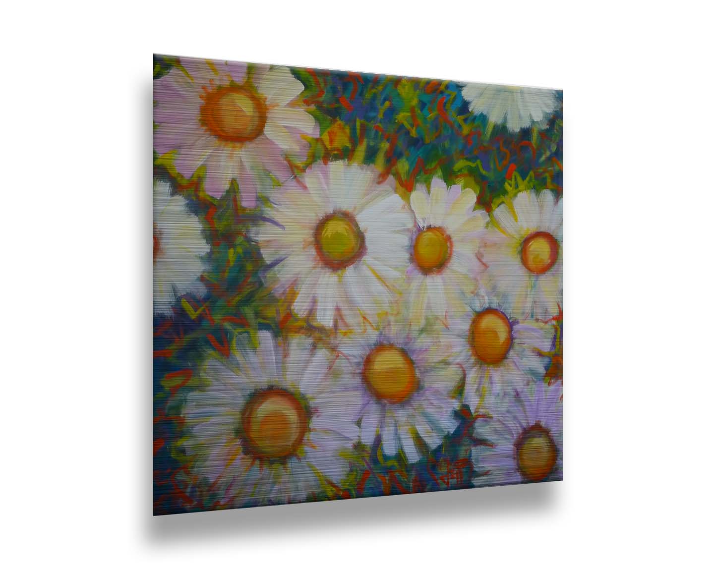 A painting of an arrangement of daisies from above, with an abstracted colorful background in blues, red, and greens. Printed on metal.