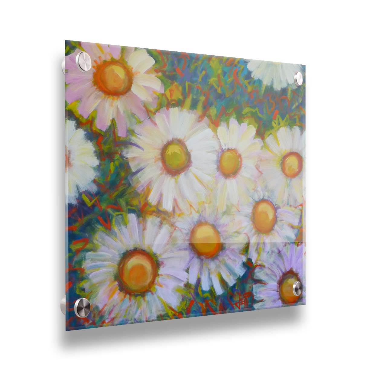 A painting of an arrangement of daisies from above, with an abstracted colorful background in blues, red, and greens. Printed on acrylic.