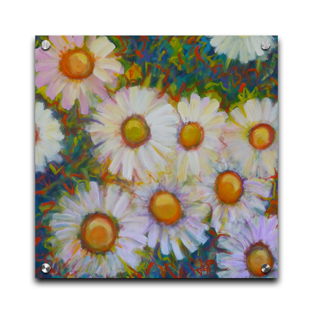 A painting of an arrangement of daisies from above, with an abstracted colorful background in blues, red, and greens. Printed on acrylic.