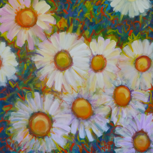 A painting of an arrangement of daisies from above, with an abstracted colorful background in blues, red, and greens. 