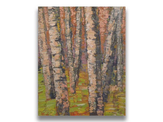 A painting of a birch forest in brown, with heavily textured palette knife paint layers. Printed on canvas.