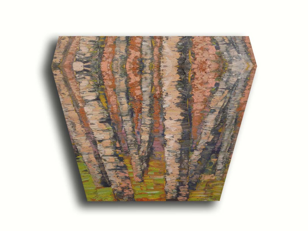 A painting of a birch forest in brown, with heavily textured palette knife paint layers. Printed on canvas.