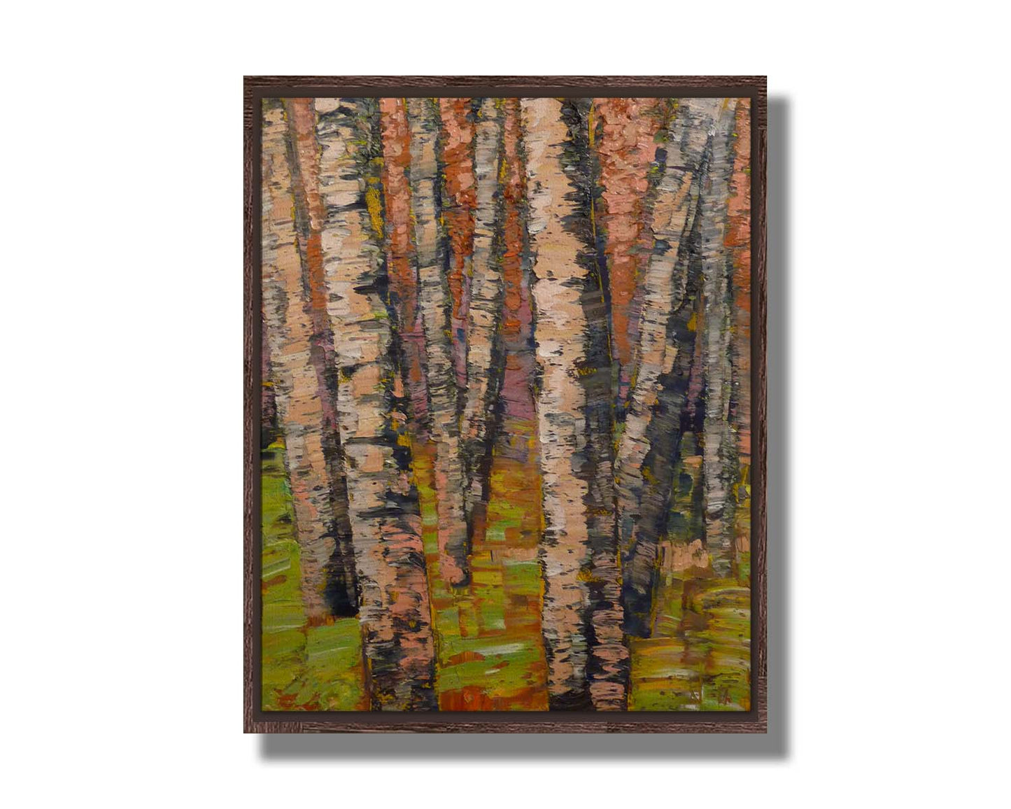 A painting of a birch forest in brown, with heavily textured palette knife paint layers. Printed on canvas in a float frame.