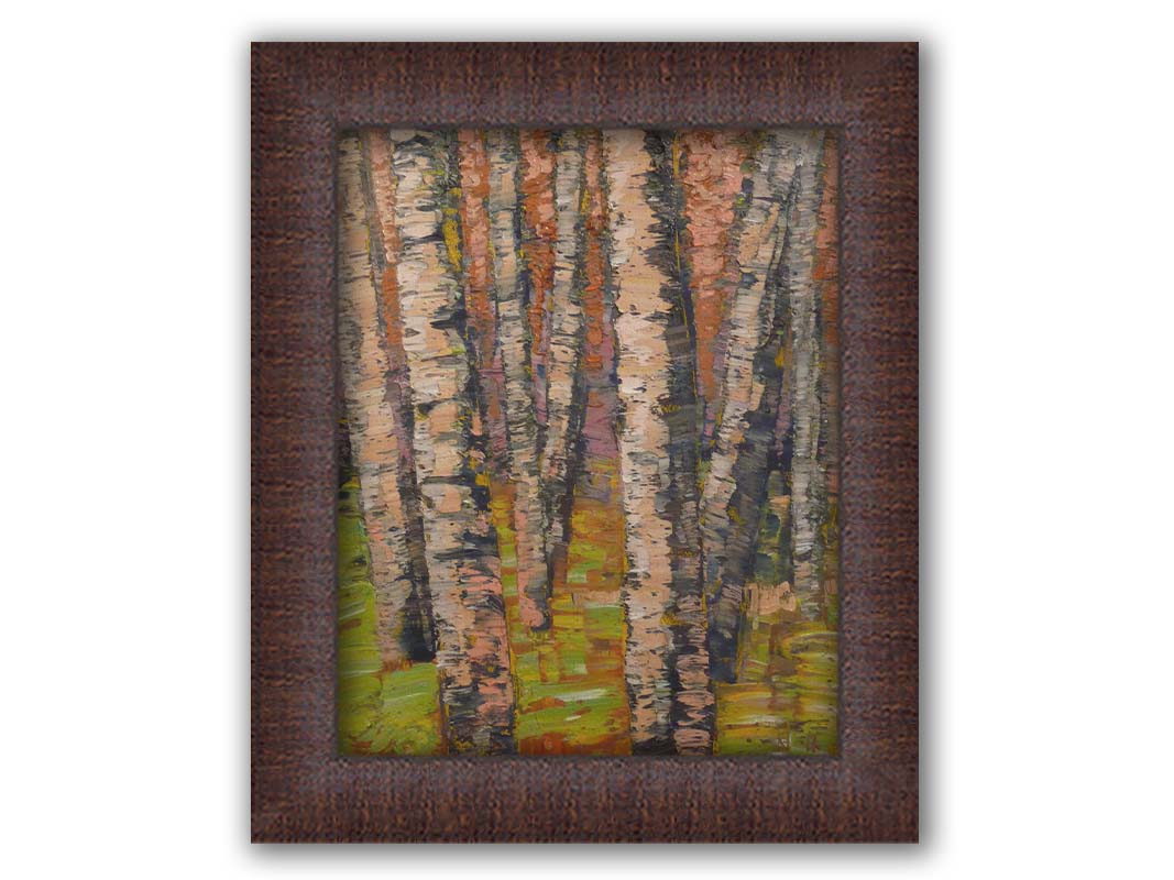 A painting of a birch forest in brown, with heavily textured palette knife paint layers. Printed on canvas and framed.