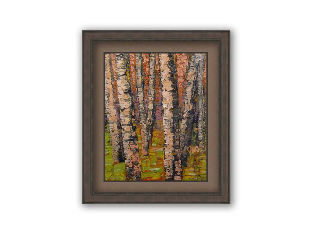 A painting of a birch forest in brown, with heavily textured palette knife paint layers. Printed on paper, matted, and framed.