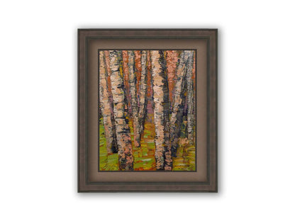 A painting of a birch forest in brown, with heavily textured palette knife paint layers. Printed on paper, matted, and framed.