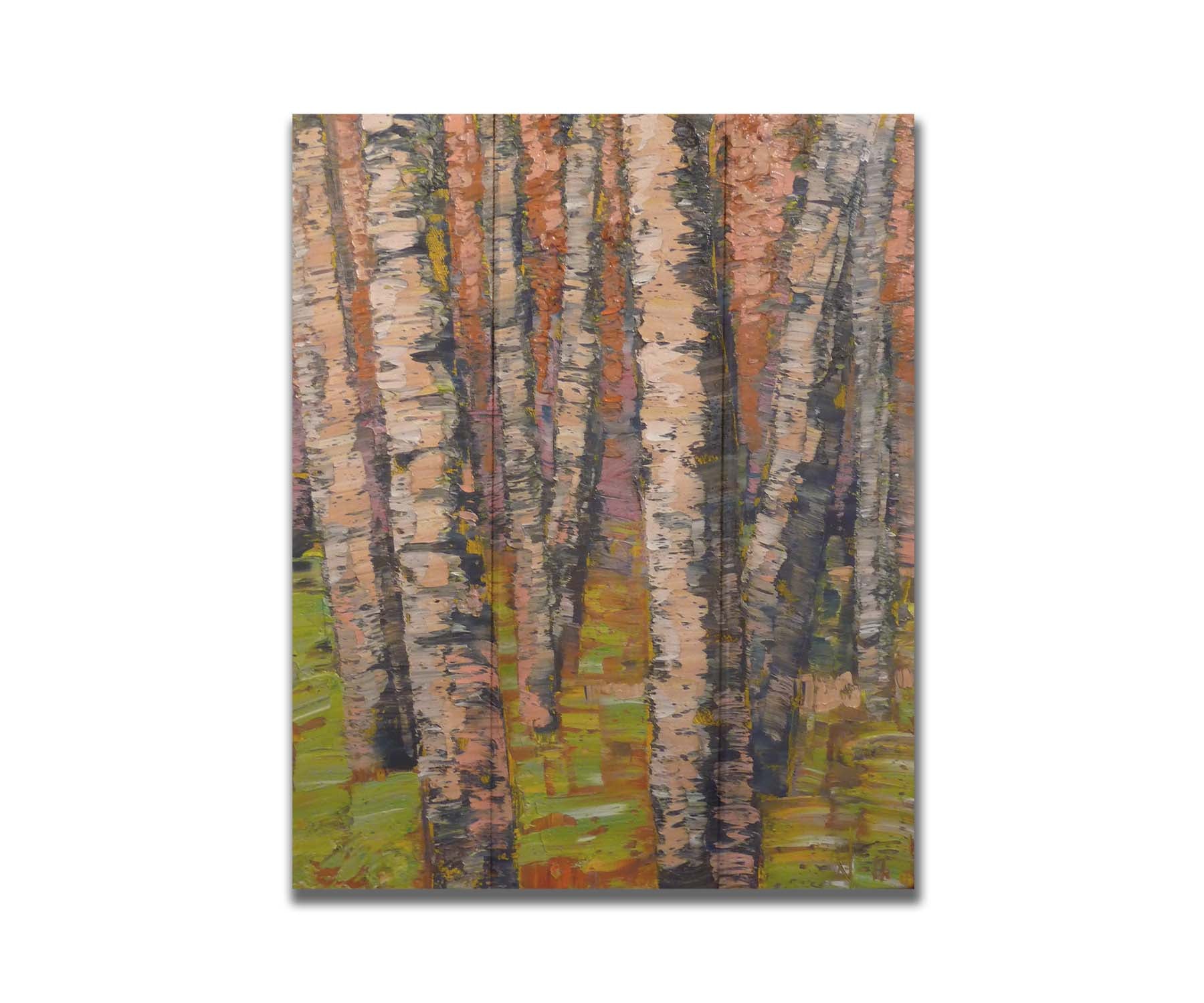 A painting of a birch forest in brown, with heavily textured palette knife paint layers. Printed on a box board.