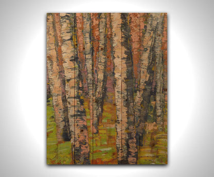 A painting of a birch forest in brown, with heavily textured palette knife paint layers. Printed on a wood pallet.