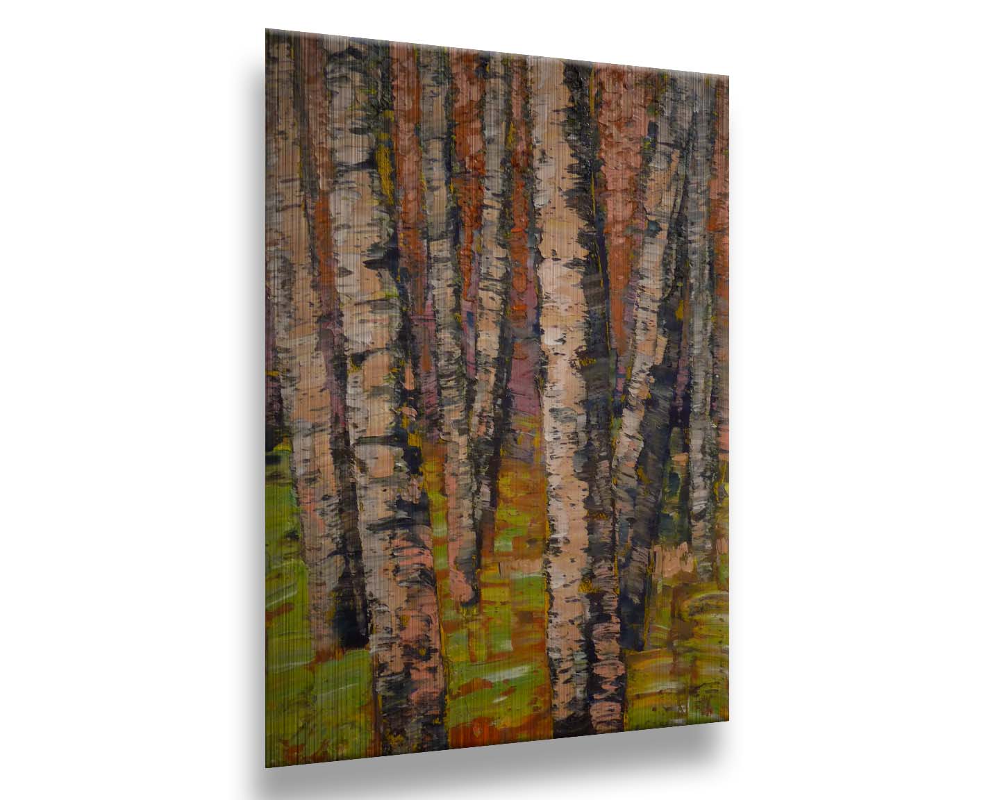 A painting of a birch forest in brown, with heavily textured palette knife paint layers. Printed on metal.