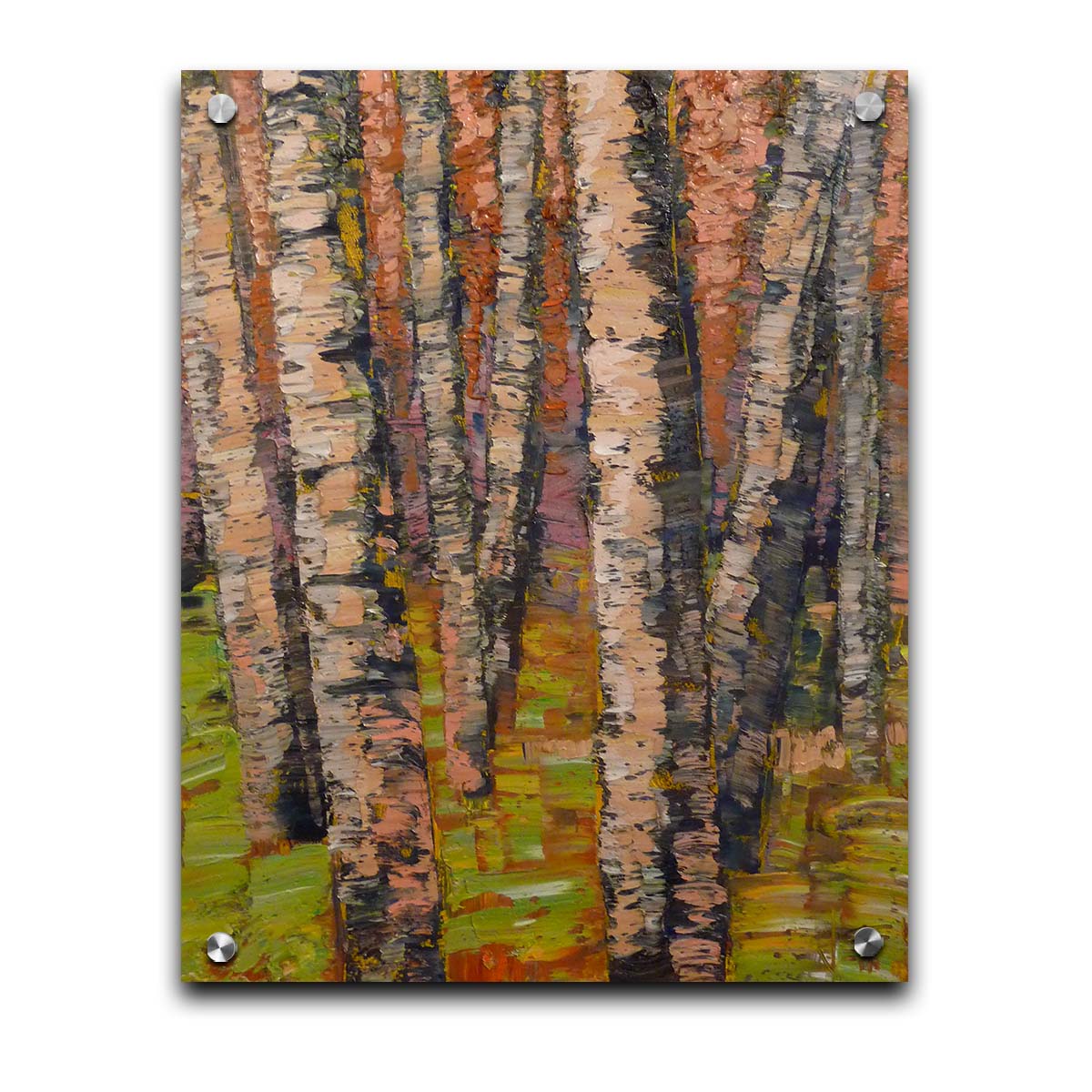 A painting of a birch forest in brown, with heavily textured palette knife paint layers. Printed on acrylic.