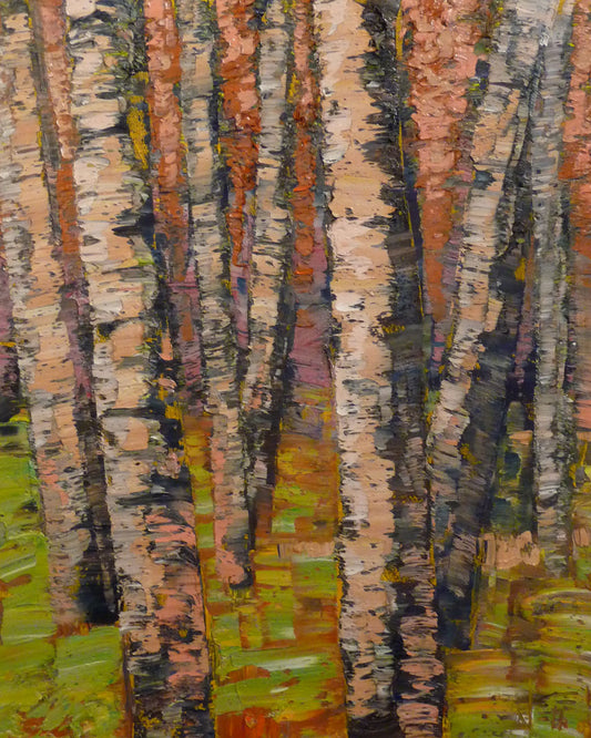 A painting of a birch forest in brown, with heavily textured palette knife paint layers.