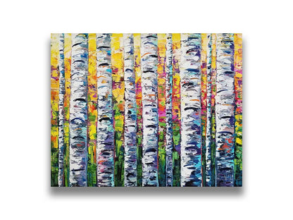 A vibrant painting of white birch trunks, with a background of yellow, pink, and green leaves. Printed on canvas.