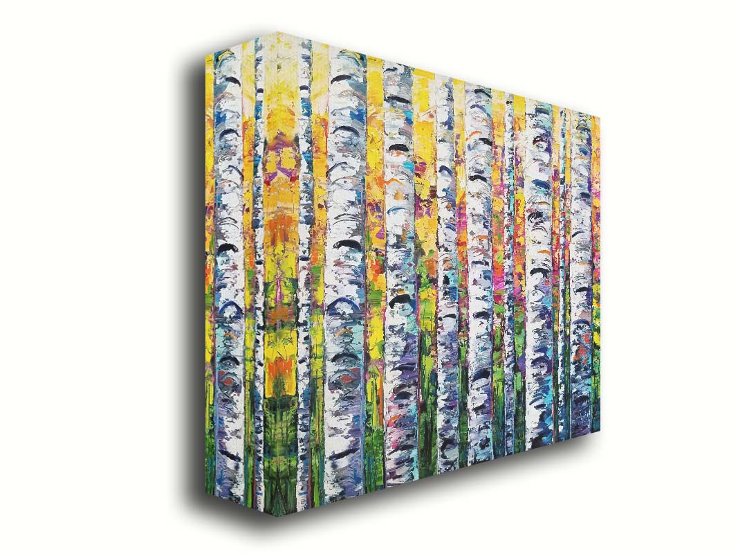 A vibrant painting of white birch trunks, with a background of yellow, pink, and green leaves. Printed on canvas.