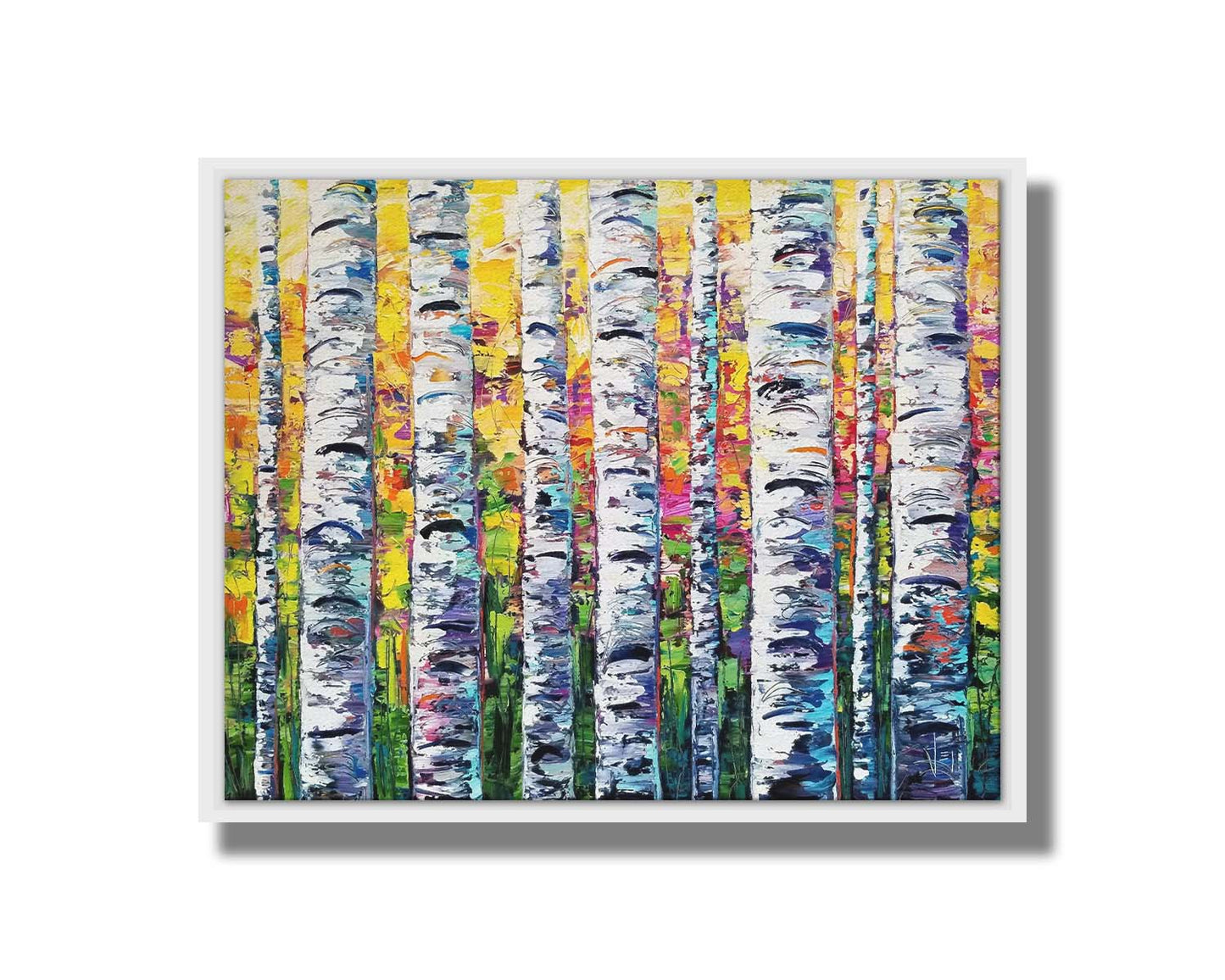 A vibrant painting of white birch trunks, with a background of yellow, pink, and green leaves. Printed on canvas in a float frame.