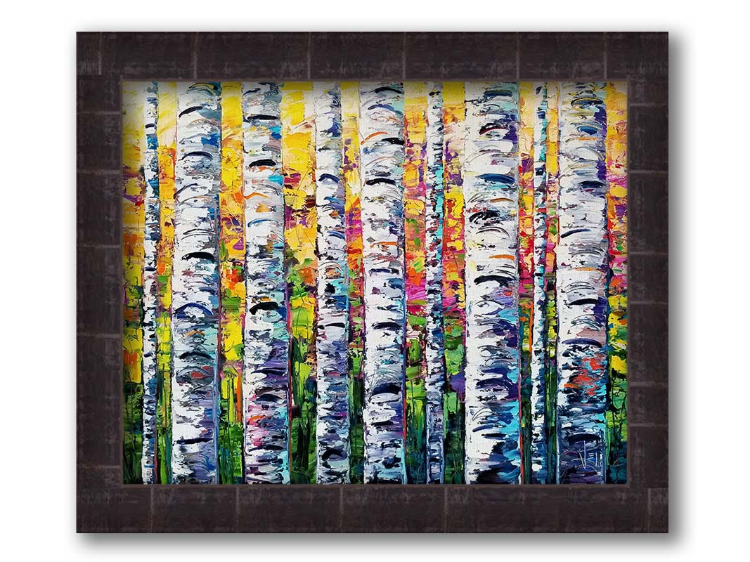 A vibrant painting of white birch trunks, with a background of yellow, pink, and green leaves. Printed on canvas and framed.