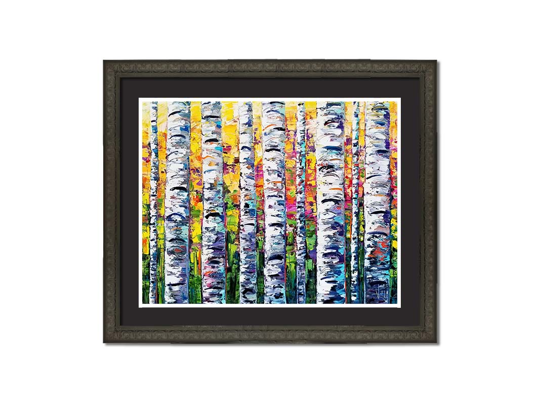 A vibrant painting of white birch trunks, with a background of yellow, pink, and green leaves. Printed on paper, matted, and framed.