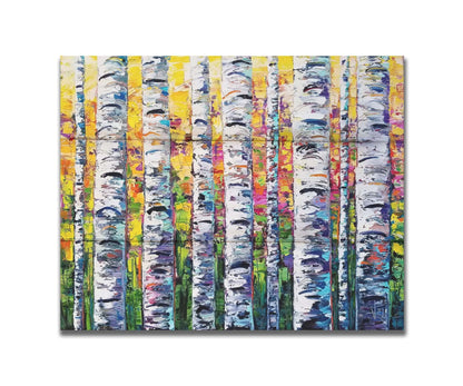 A vibrant painting of white birch trunks, with a background of yellow, pink, and green leaves. Printed on a box board.