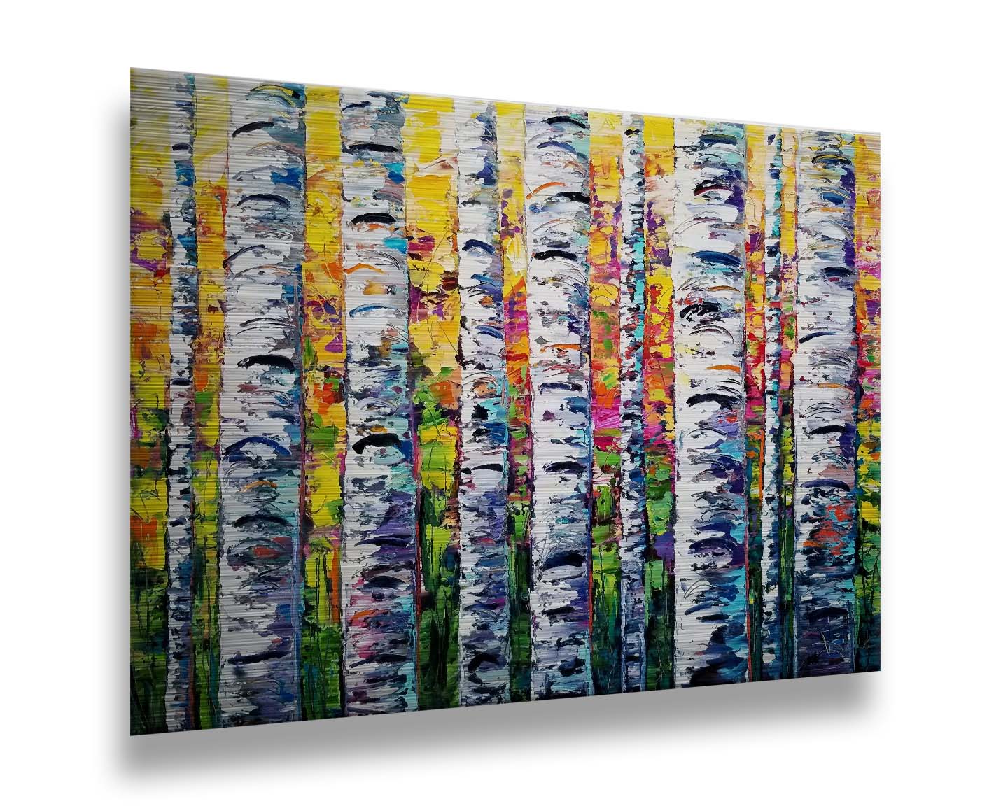 A vibrant painting of white birch trunks, with a background of yellow, pink, and green leaves. Printed on metal.