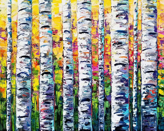 A vibrant painting of white birch trunks, with a background of yellow, pink, and green leaves.
