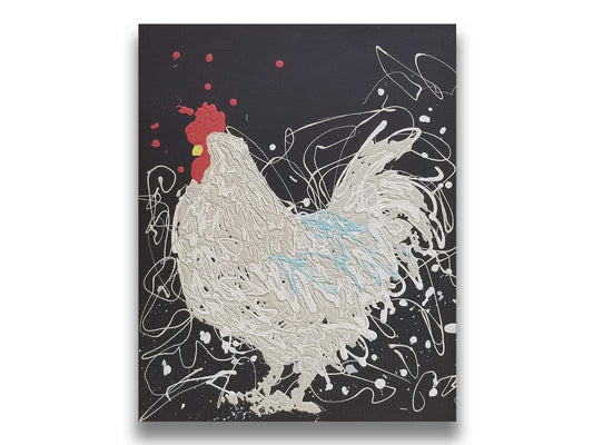 A drip painting of a white rooster on a black background, accented with blue, red, and yellow. Printed on canvas.