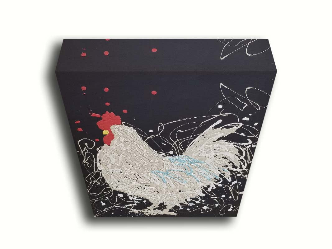 A drip painting of a white rooster on a black background, accented with blue, red, and yellow. Printed on canvas.