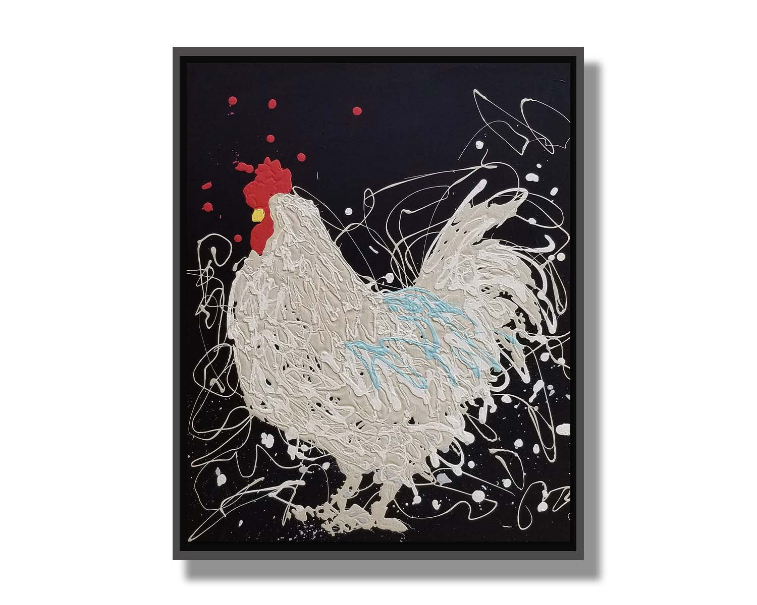 A drip painting of a white rooster on a black background, accented with blue, red, and yellow. Printed on canvas in a float frame.