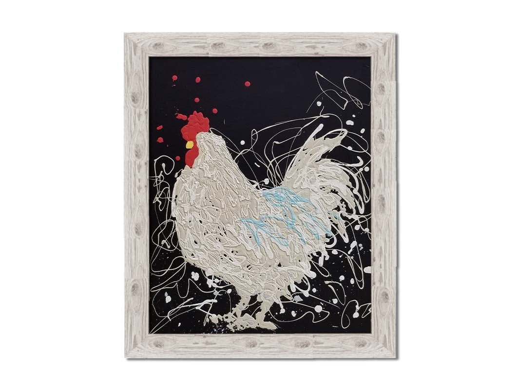 A drip painting of a white rooster on a black background, accented with blue, red, and yellow. Printed on canvas and framed.