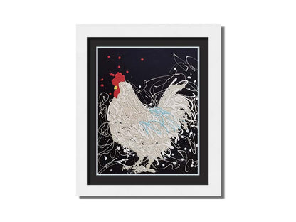 A drip painting of a white rooster on a black background, accented with blue, red, and yellow. Printed on paper, matted, and framed.