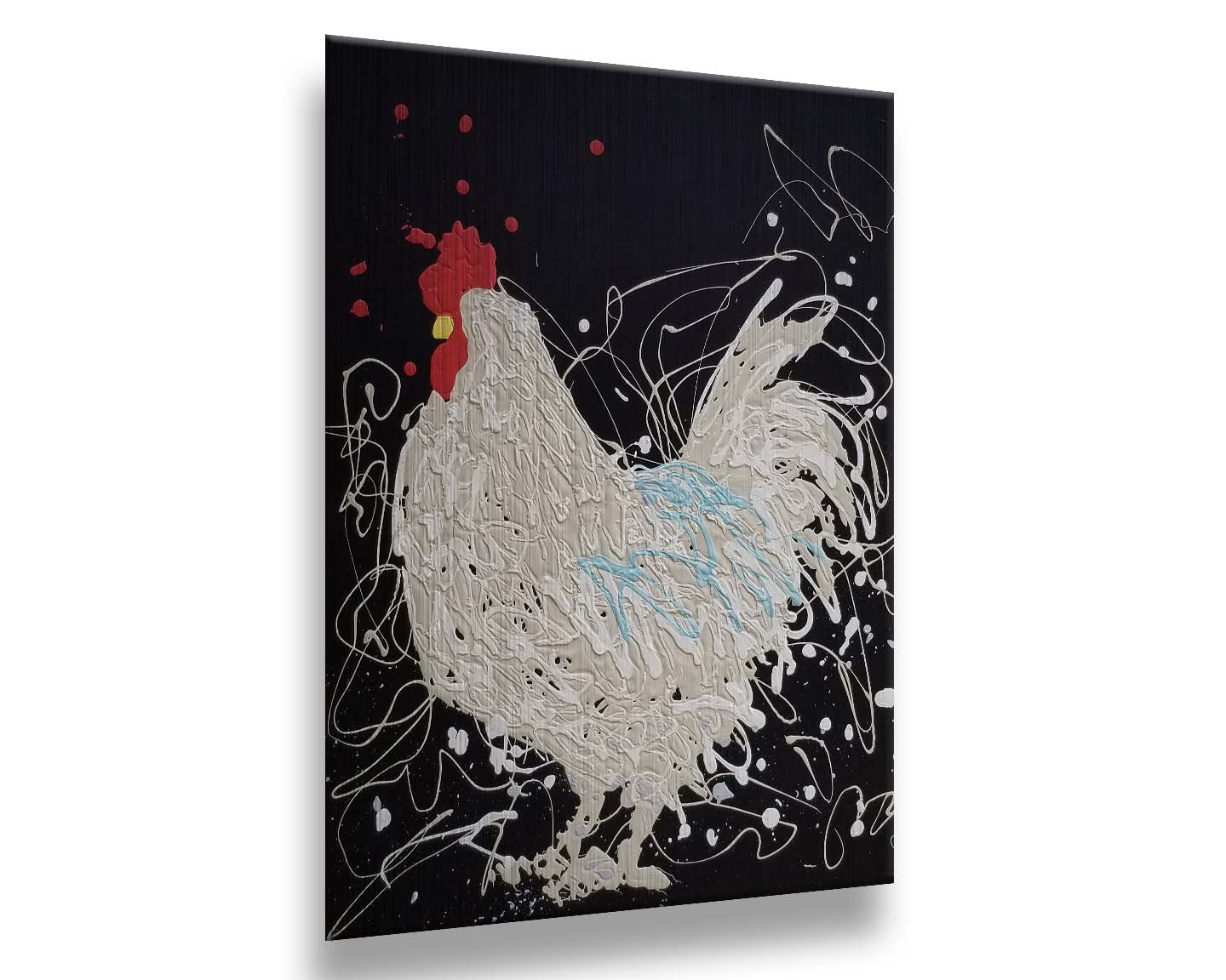 A drip painting of a white rooster on a black background, accented with blue, red, and yellow. Printed on metal.