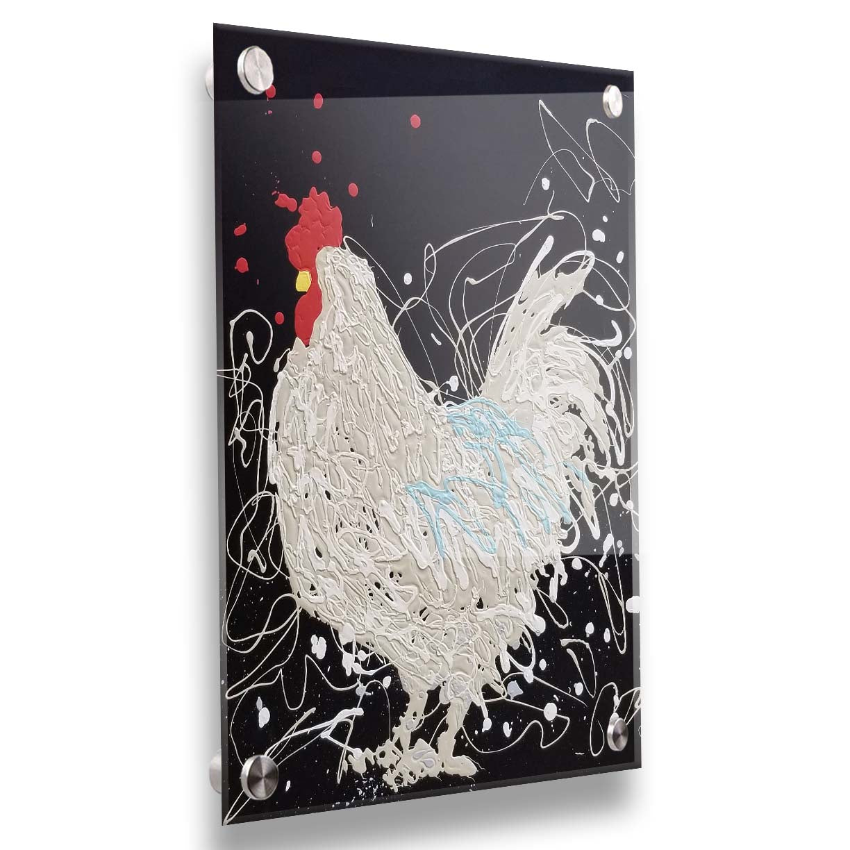 A drip painting of a white rooster on a black background, accented with blue, red, and yellow. Printed on acrylic.