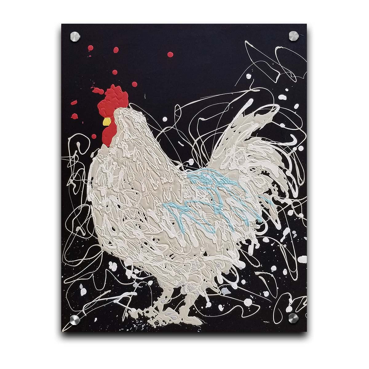 A drip painting of a white rooster on a black background, accented with blue, red, and yellow. Printed on acrylic.