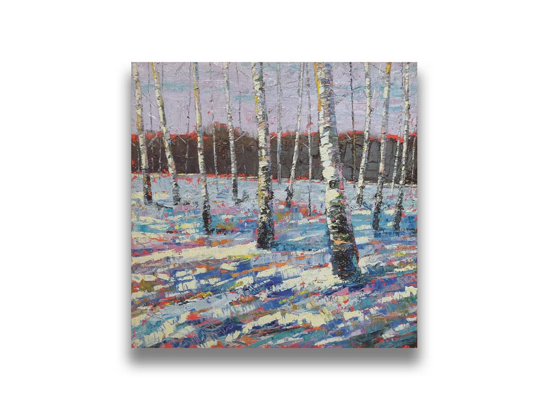 A painting of a snowy forest of birch trees, created with large brushstrokes and contrasting arbitrary color accents. Printed on canvas.