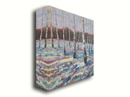 A painting of a snowy forest of birch trees, created with large brushstrokes and contrasting arbitrary color accents. Printed on canvas.