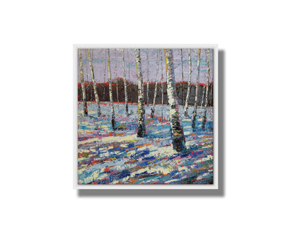 A painting of a snowy forest of birch trees, created with large brushstrokes and contrasting arbitrary color accents. Printed on canvas in a float frame.