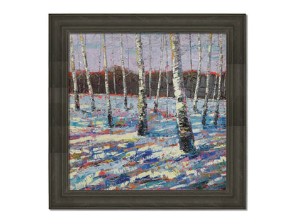 A painting of a snowy forest of birch trees, created with large brushstrokes and contrasting arbitrary color accents. Printed on canvas and framed.