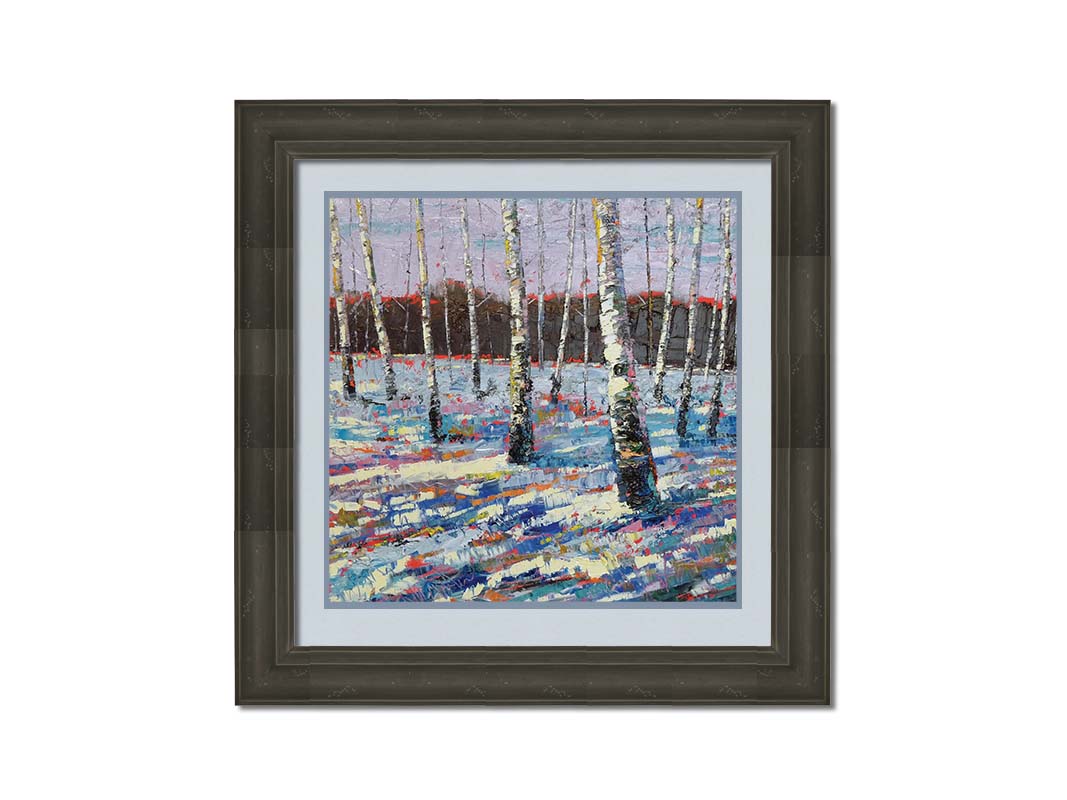 A painting of a snowy forest of birch trees, created with large brushstrokes and contrasting arbitrary color accents. Printed on paper, matted, and framed.