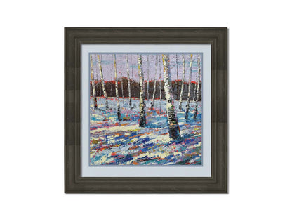 A painting of a snowy forest of birch trees, created with large brushstrokes and contrasting arbitrary color accents. Printed on paper, matted, and framed.