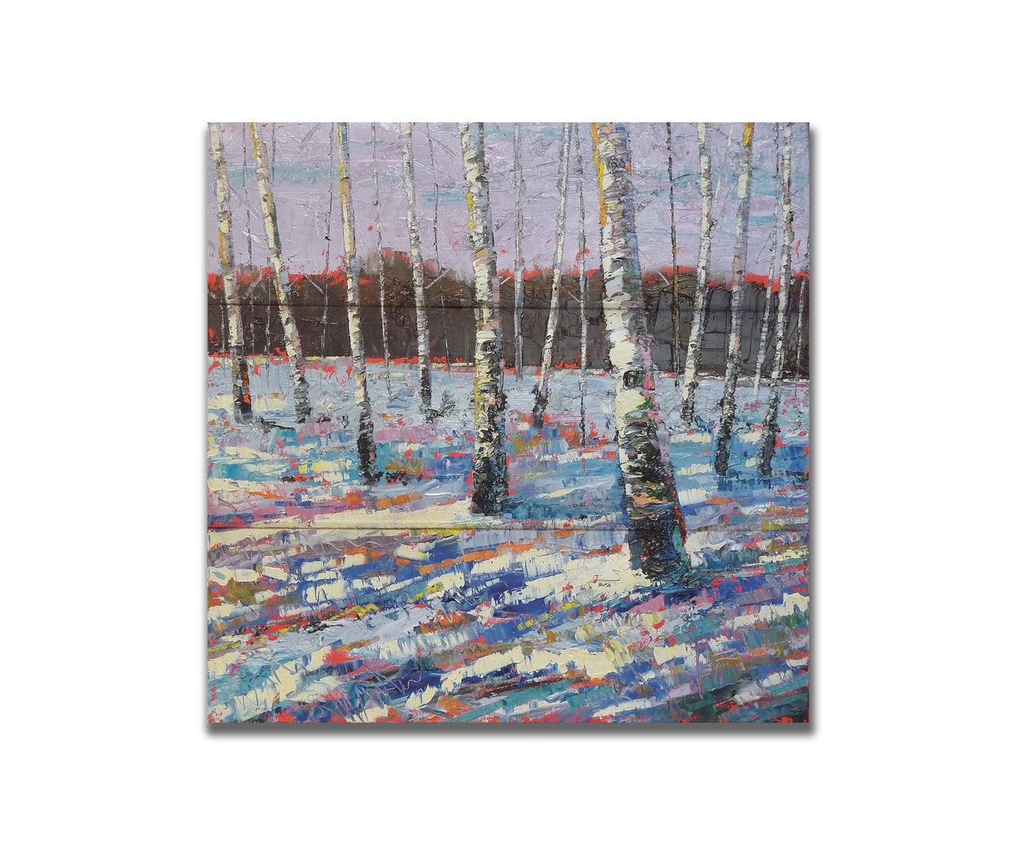 A painting of a snowy forest of birch trees, created with large brushstrokes and contrasting arbitrary color accents. Printed on a box board.